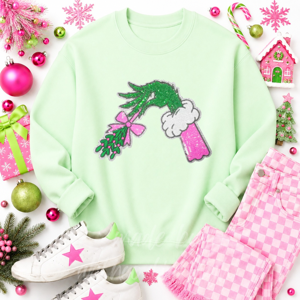 Grinch Hand Mistletoe Christmas Sequin Patch Sweatshirt