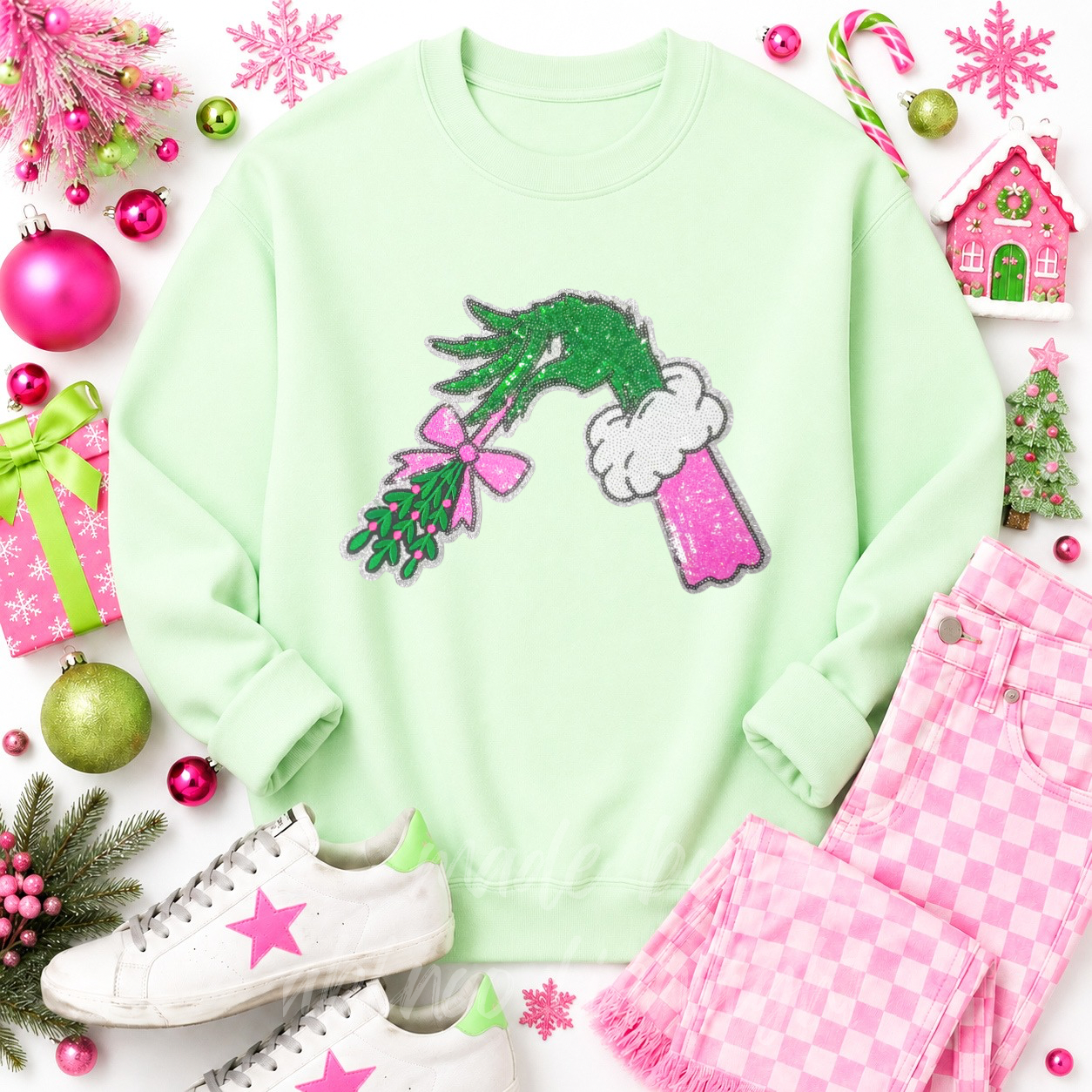Grinch Hand Mistletoe Christmas Sequin Patch Sweatshirt