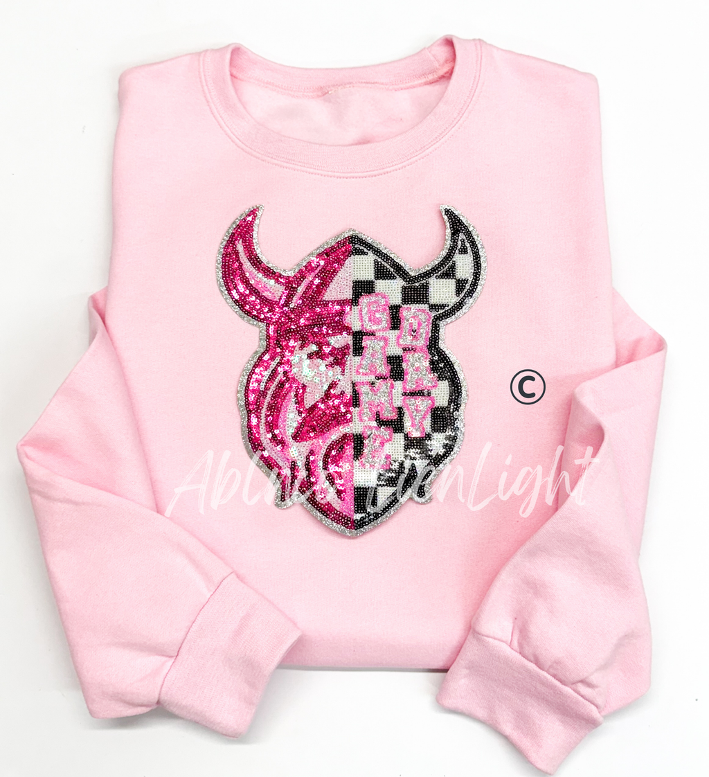 Viking Mascot Pink Checkered Sequin Patch - Large