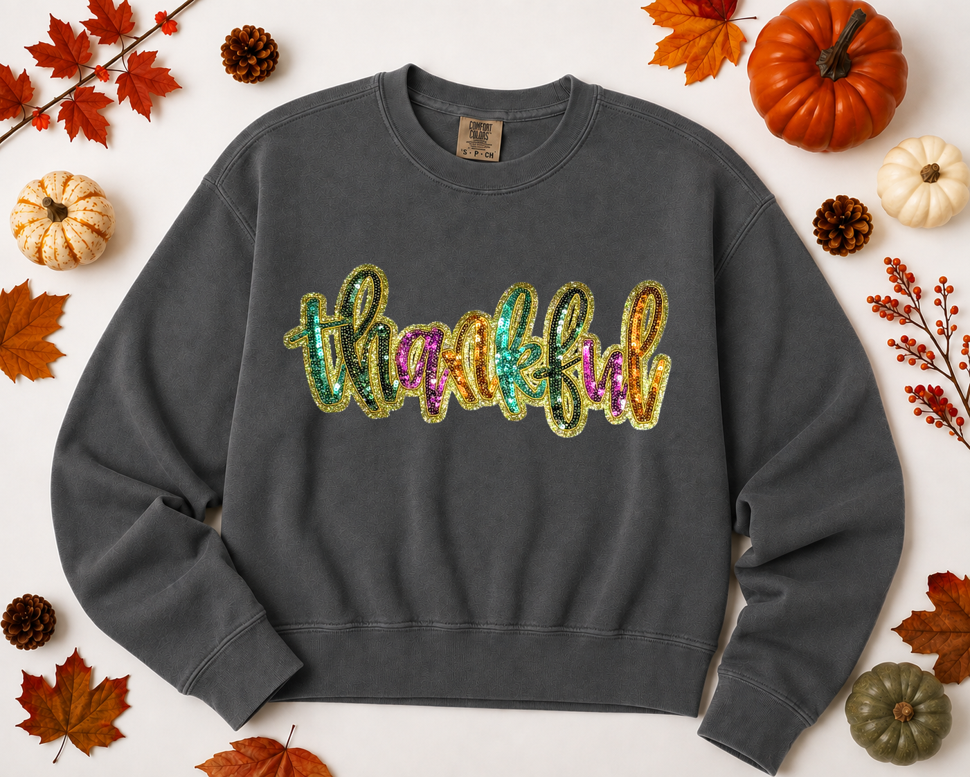 Colorful Thankful Thanksgiving Fall Sequin Patch Mid Length Sweatshirt