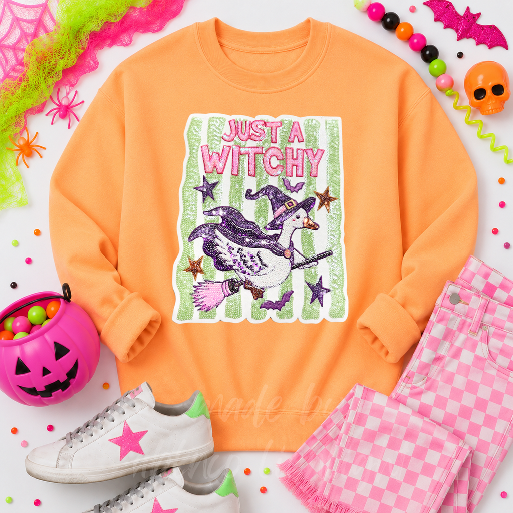 Just A Witchy Goose Halloween Sequin Patch Sweatshirt
