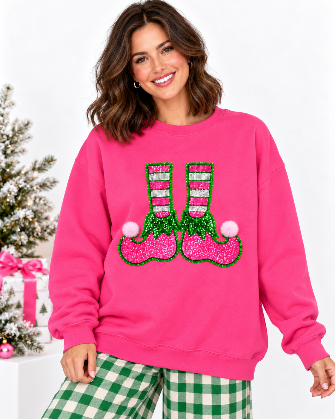 Elf Shoes Fuzzy Poof Ball Christmas Sequin Patch Sweatshirt