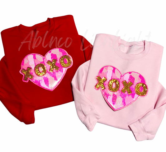 XOXO Pink Ombre Heart Valentines Day Sequins Patch Sweatshirt