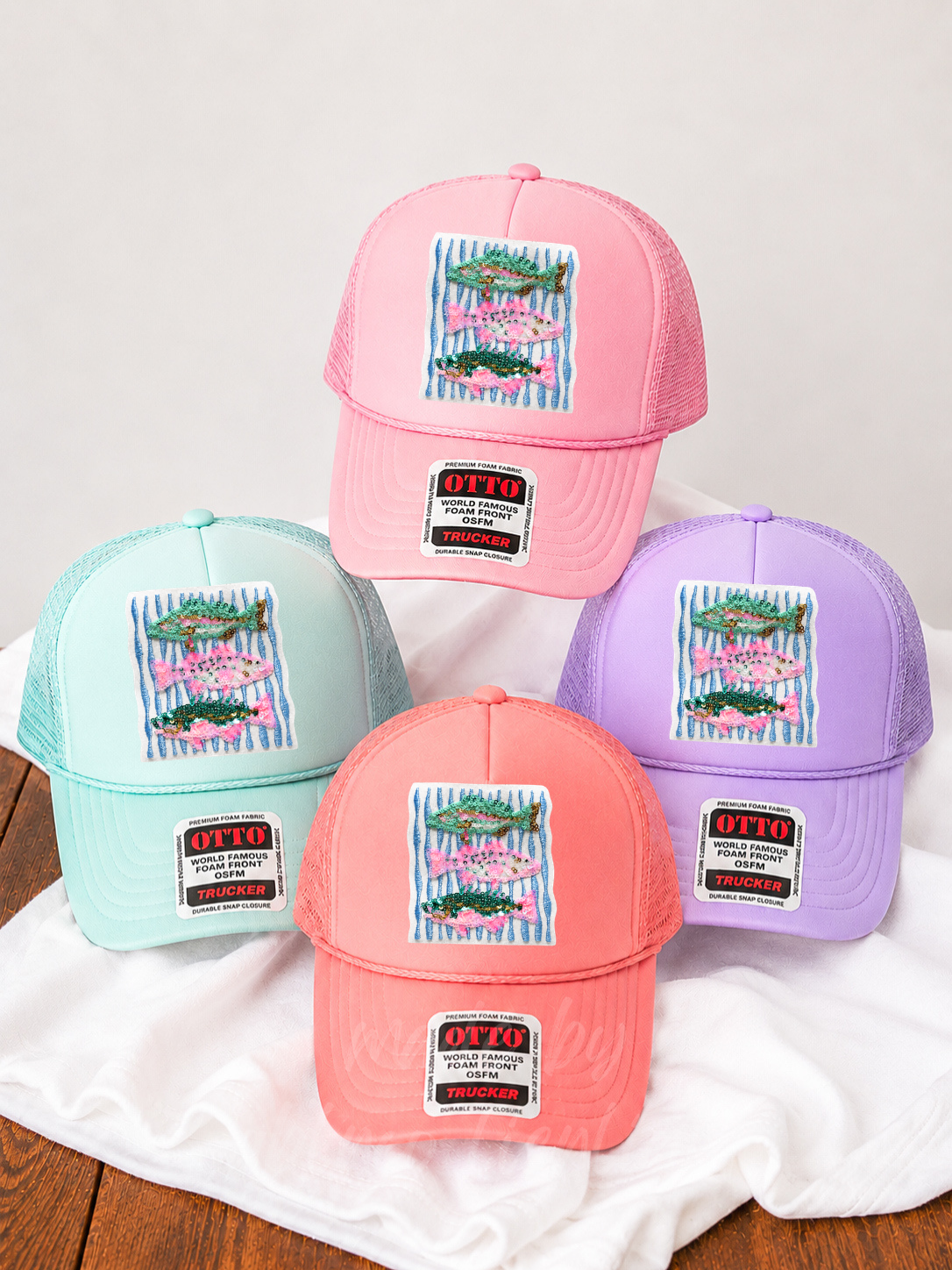 Pink And Teal Fish Trio Summer Sequin Patch Otto Trucker Hat
