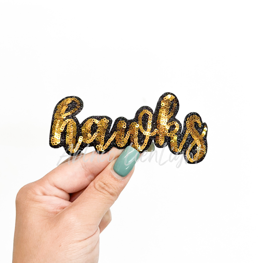 Gold Hawks Mascot Script Letter Sequin Patch - Small