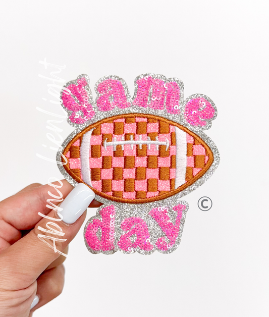 Pink Checkered Football Game Day Sequin Patch