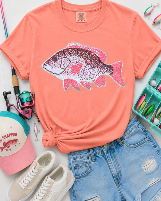 Red Snapper Fish Summer Sequin Patch Tshirt