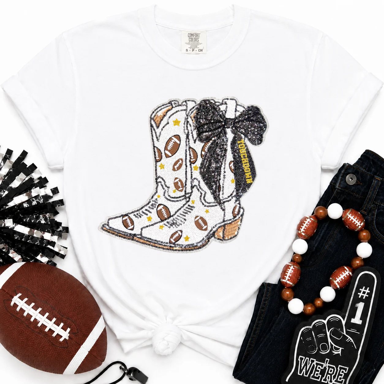 Football Touchdown Black Bow Boot Sequin Tshirt