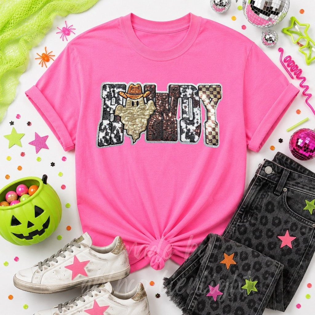 Cow Print Ghost Howdy Halloween Sequin Patch Tshirt