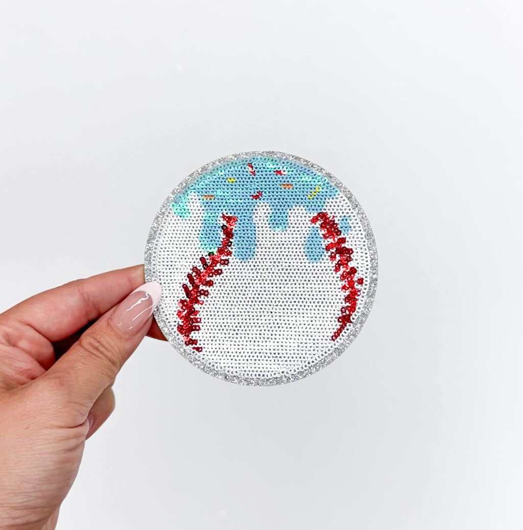 Baseball Drip Ice Cream Blue Ball Sequin Patch - Small
