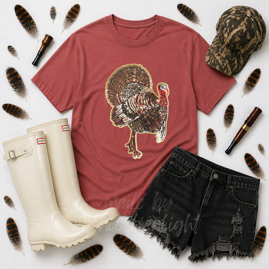 Wild Turkey Hunting Sequin Patch Tshirt