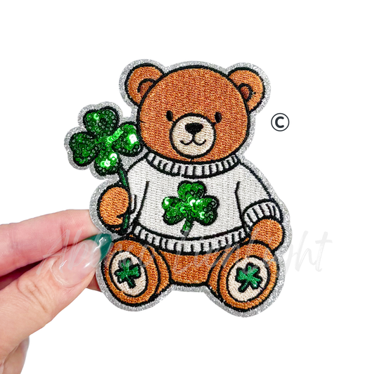 Shamrock Bear St Patricks Day Sequin Embroidery Patch - Small
