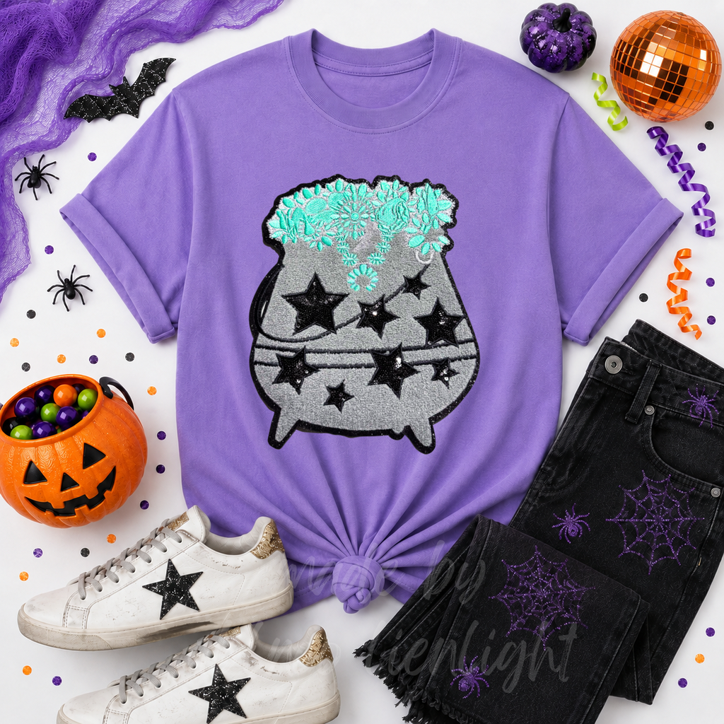 Turquoise Cauldron Halloween Sequin Patch Tshirt