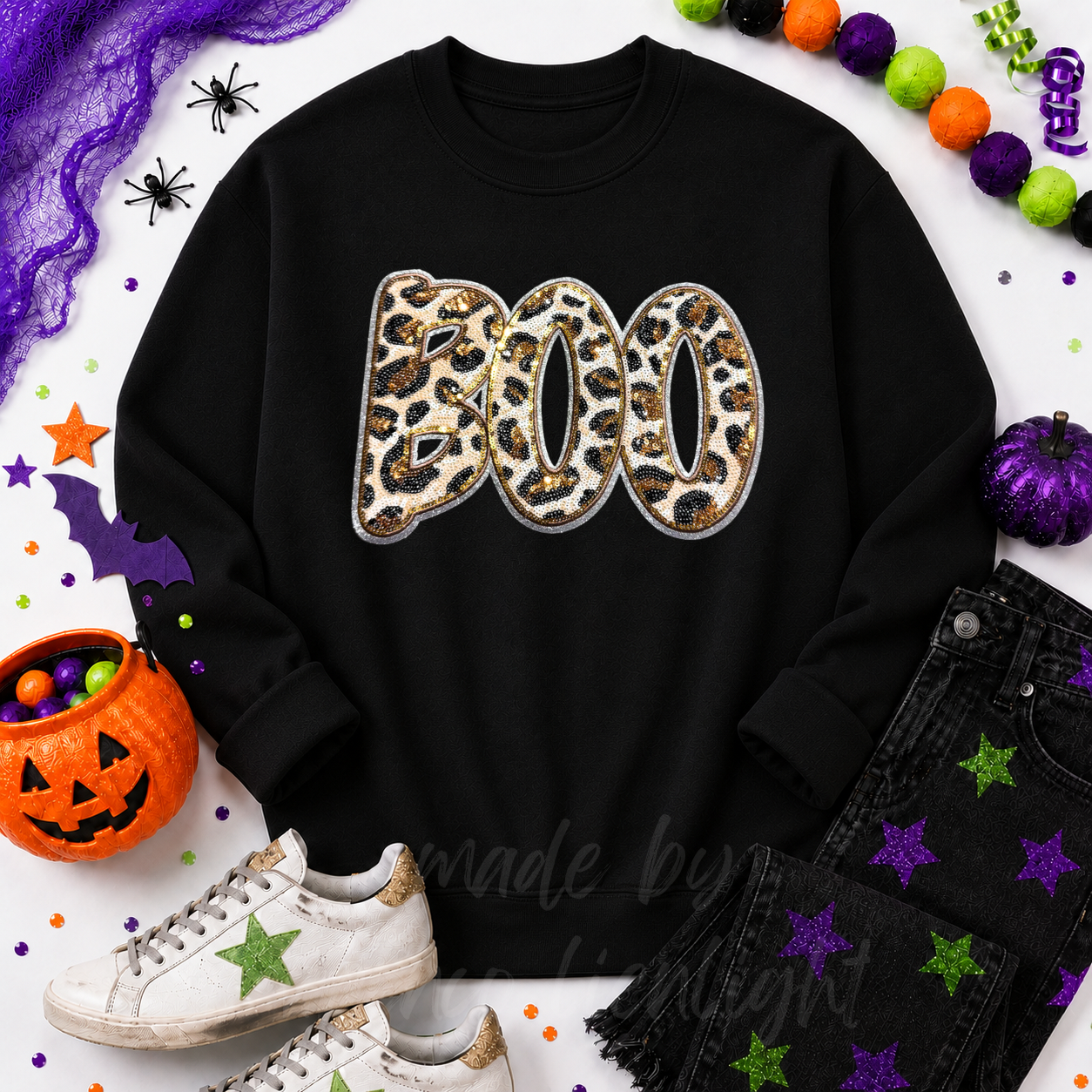 Cheetah Print Boo Halloween Sequin Patch Sweatshirt