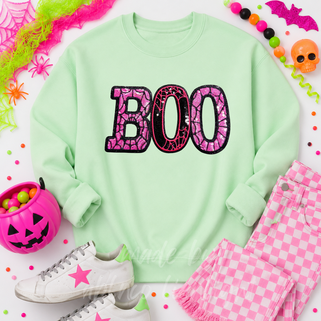 Pink Spider Web Boo Halloween Sequin Patch Sweatshirt