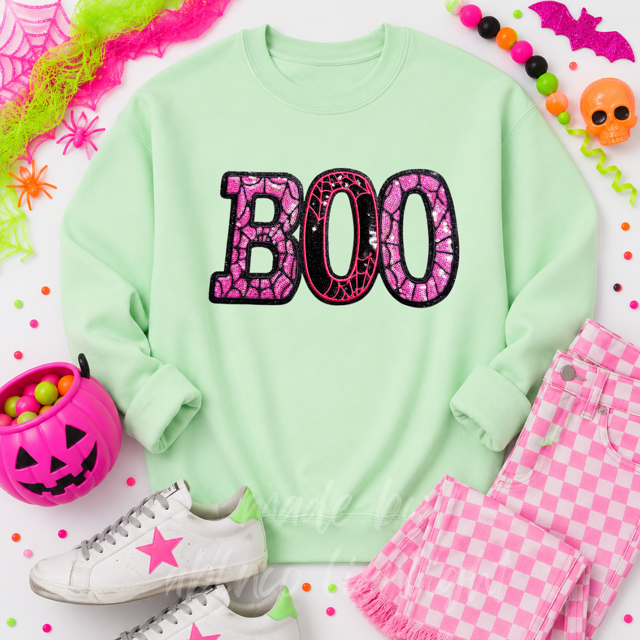 Pink Spider Web Boo Halloween Sequin Patch Sweatshirt