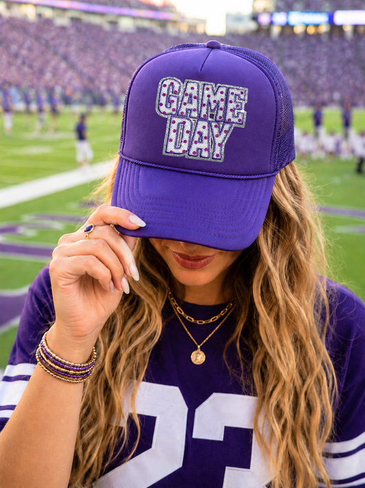 Purple Polka Dots Game Day Sequin Patch Otto Trucker Hat