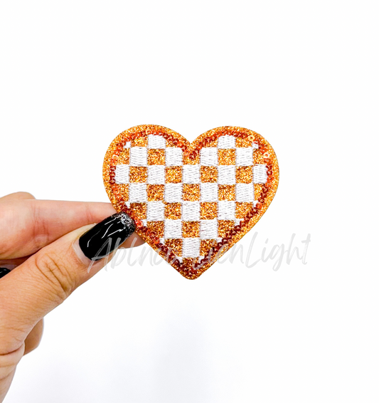 Orange Checkered Heart Sequins Glitter Patch