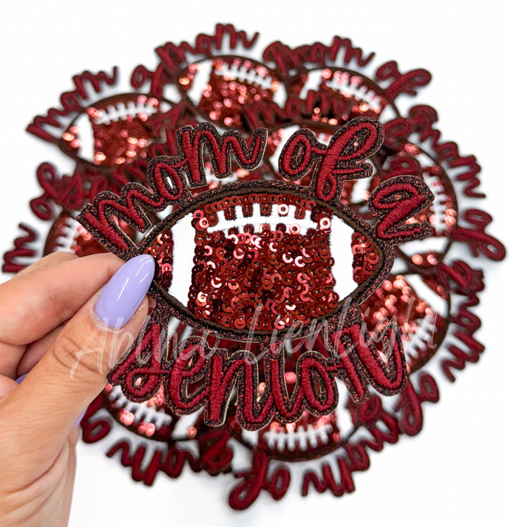 Maroon Football Mom of Senior STICKER Adhesive Embroidery Sequin Patch