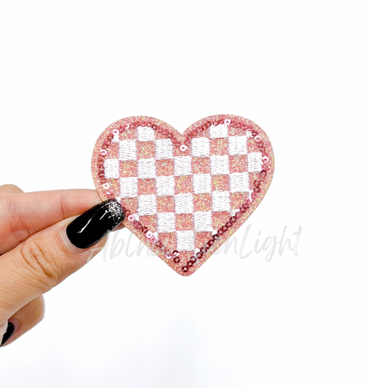 Pink Checkered Heart Sequins Glitter Patch