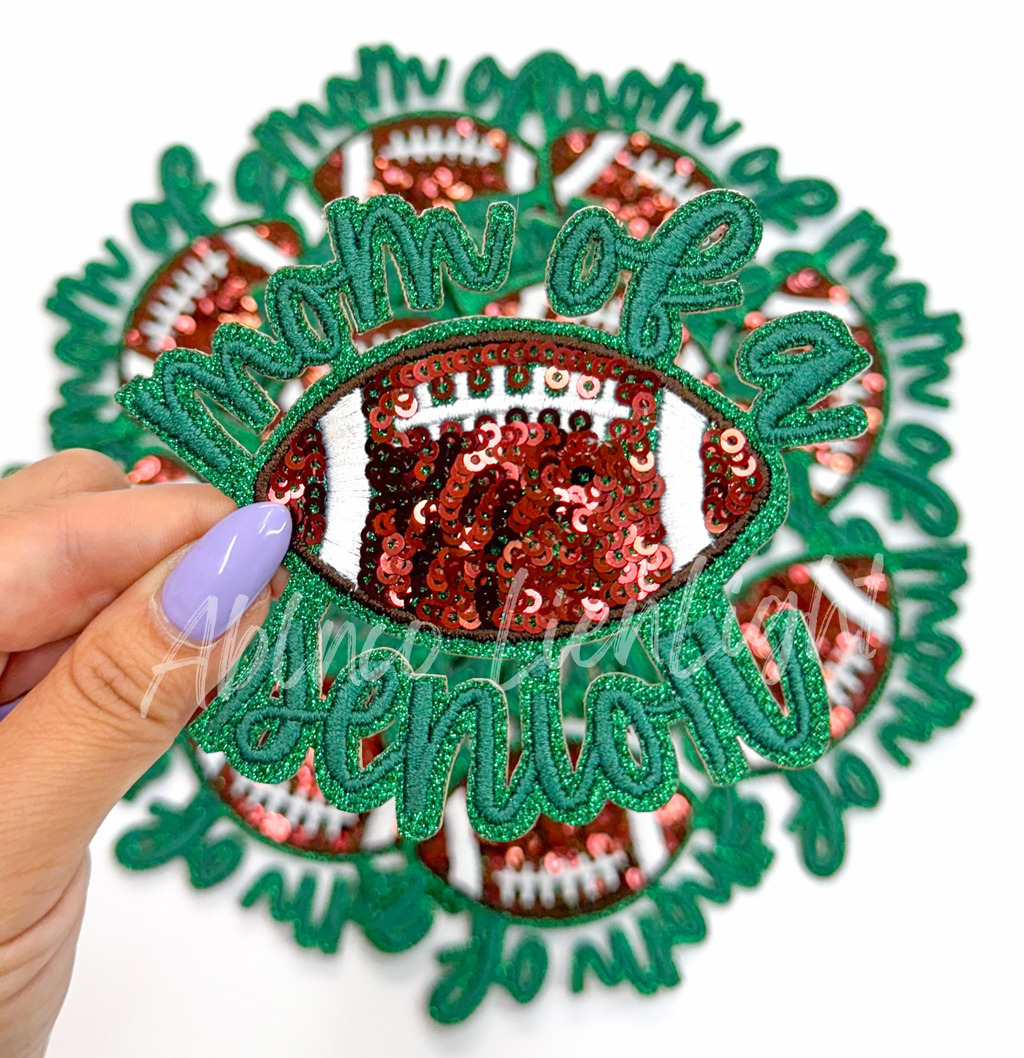 Green Football Mom of Senior STICKER Adhesive Embroidery Sequin Patch