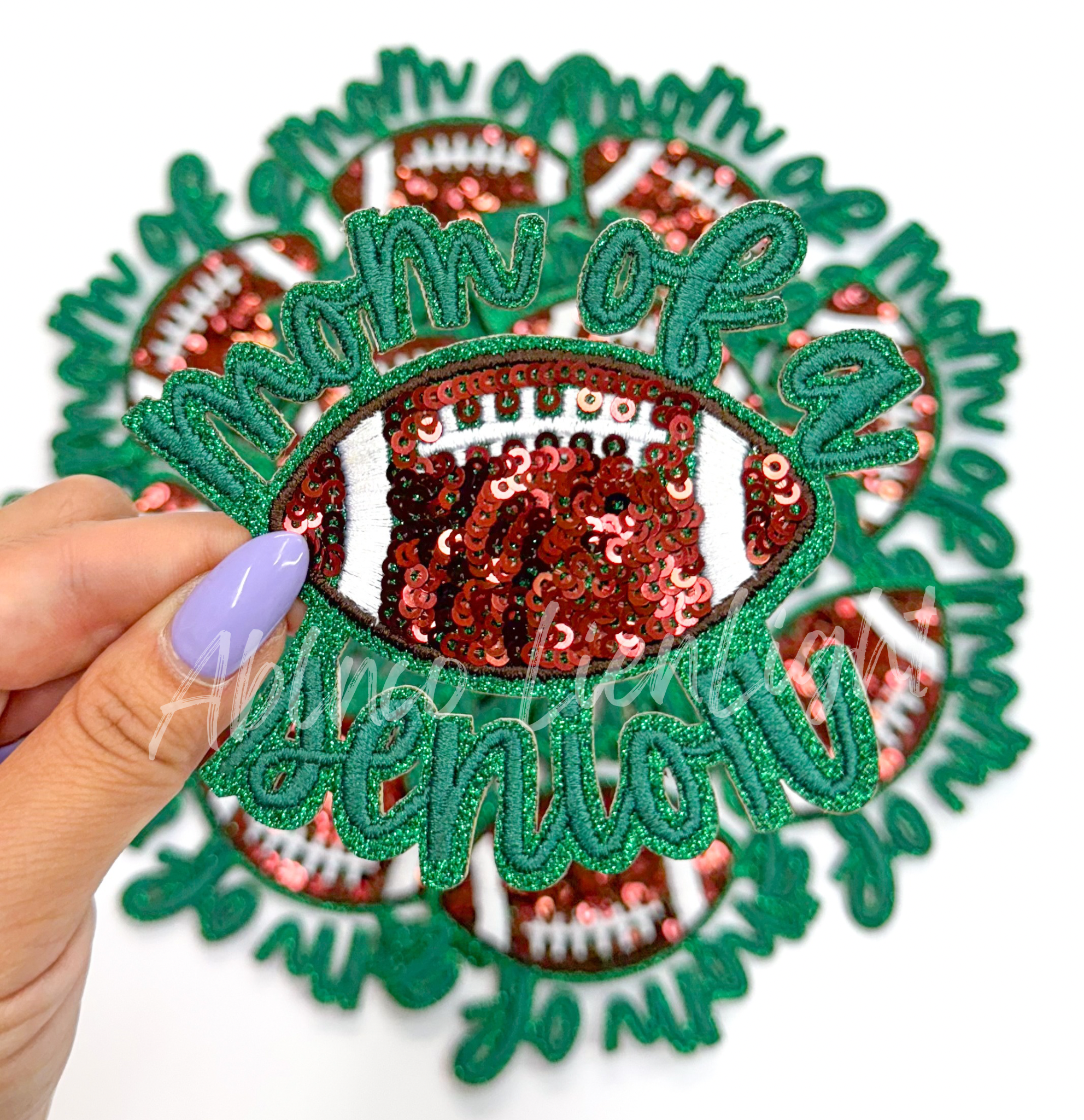 Green Football Mom of Senior STICKER Adhesive Embroidery Sequin Patch