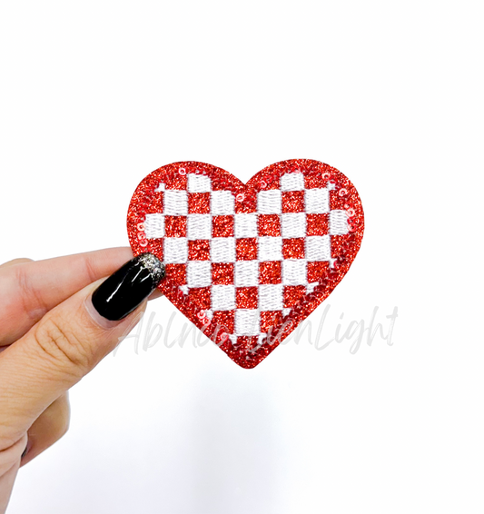 Red Checkered Heart Sequins Glitter Patch