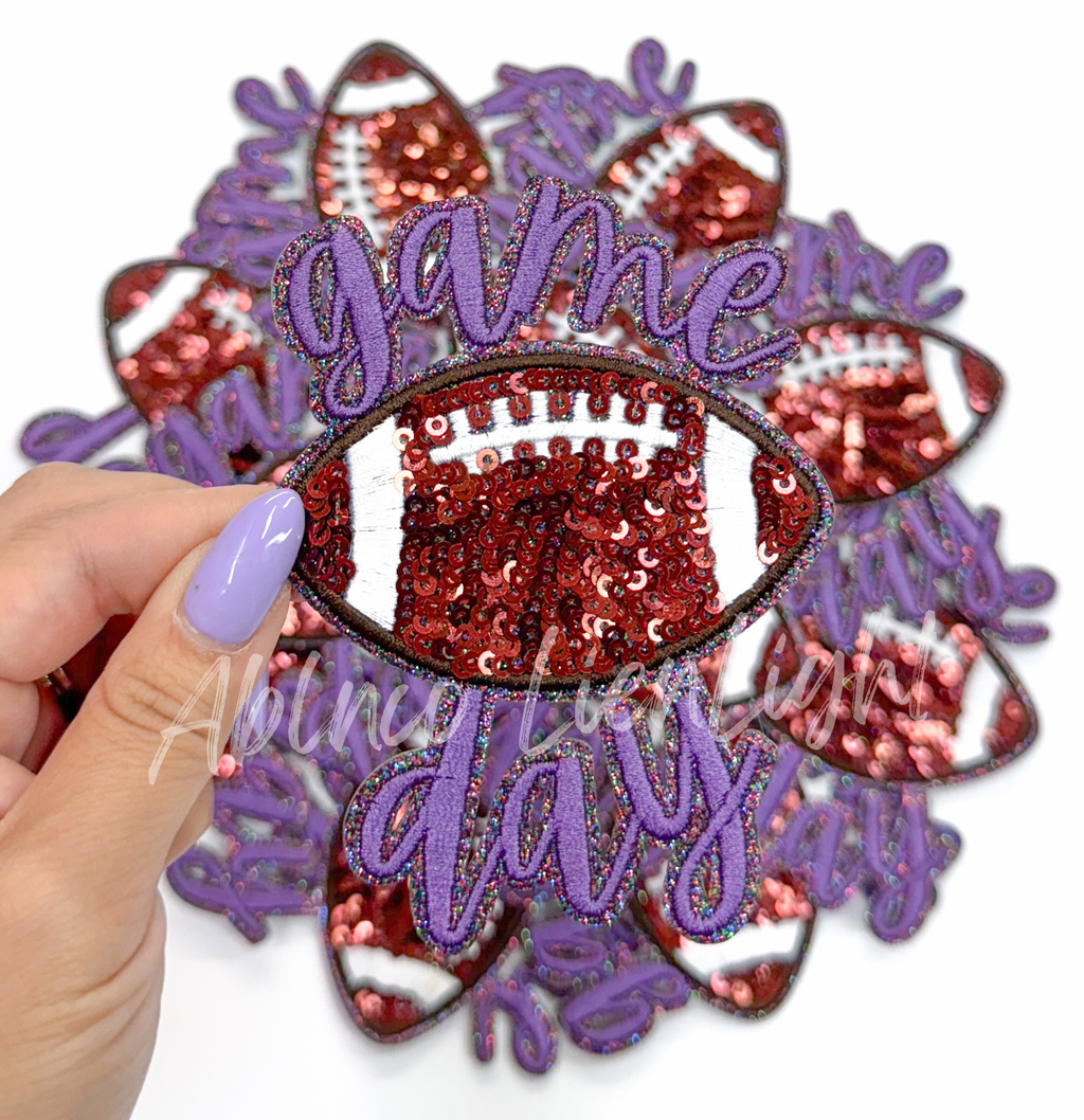 Purple Game Day Football STICKER Adhesive Sequin Embroidery Patch