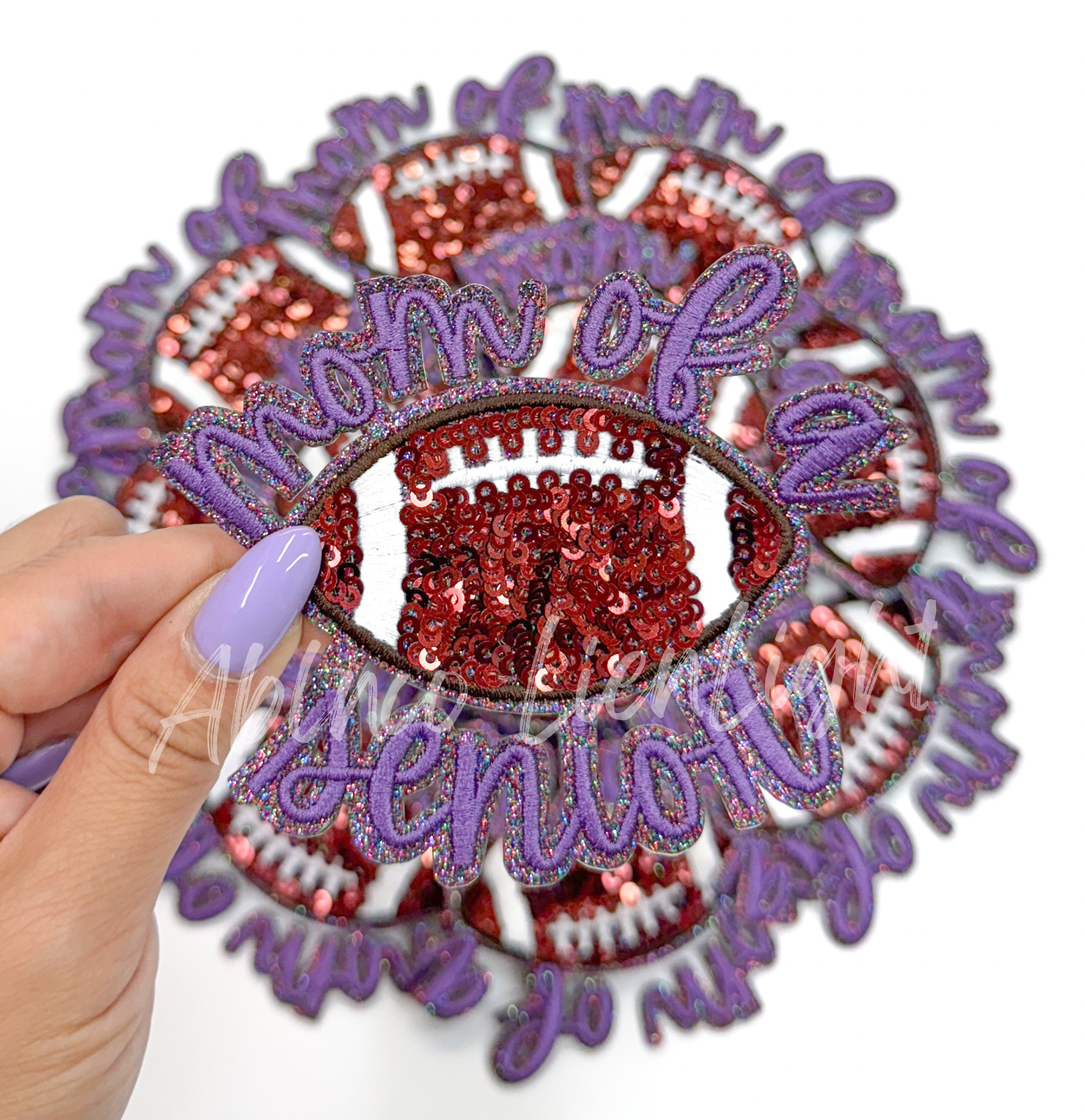 Purple Football Mom of Senior STICKER Adhesive Embroidery Sequin Patch
