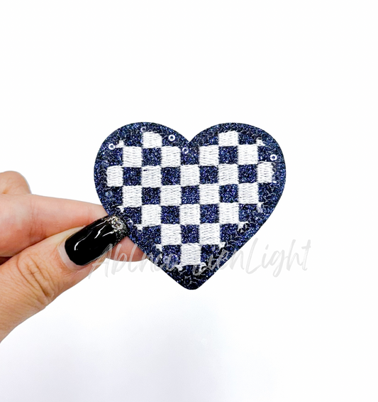 Navy Checkered Heart Sequins Glitter Patch