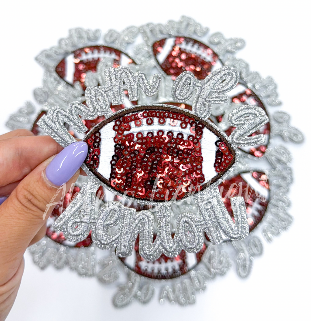 Silver Football Mom of Senior STICKER Adhesive Embroidery Sequin Patch