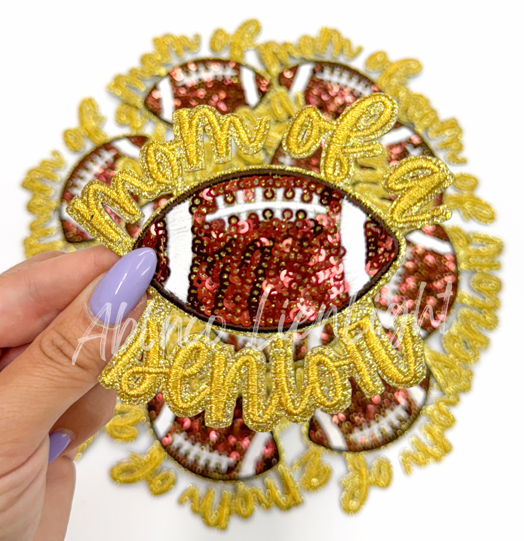 Gold Football Mom of Senior STICKER Adhesive Embroidery Sequin Patch