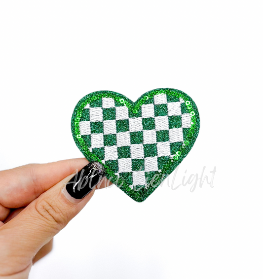 Green Checkered Heart Sequins Glitter Patch