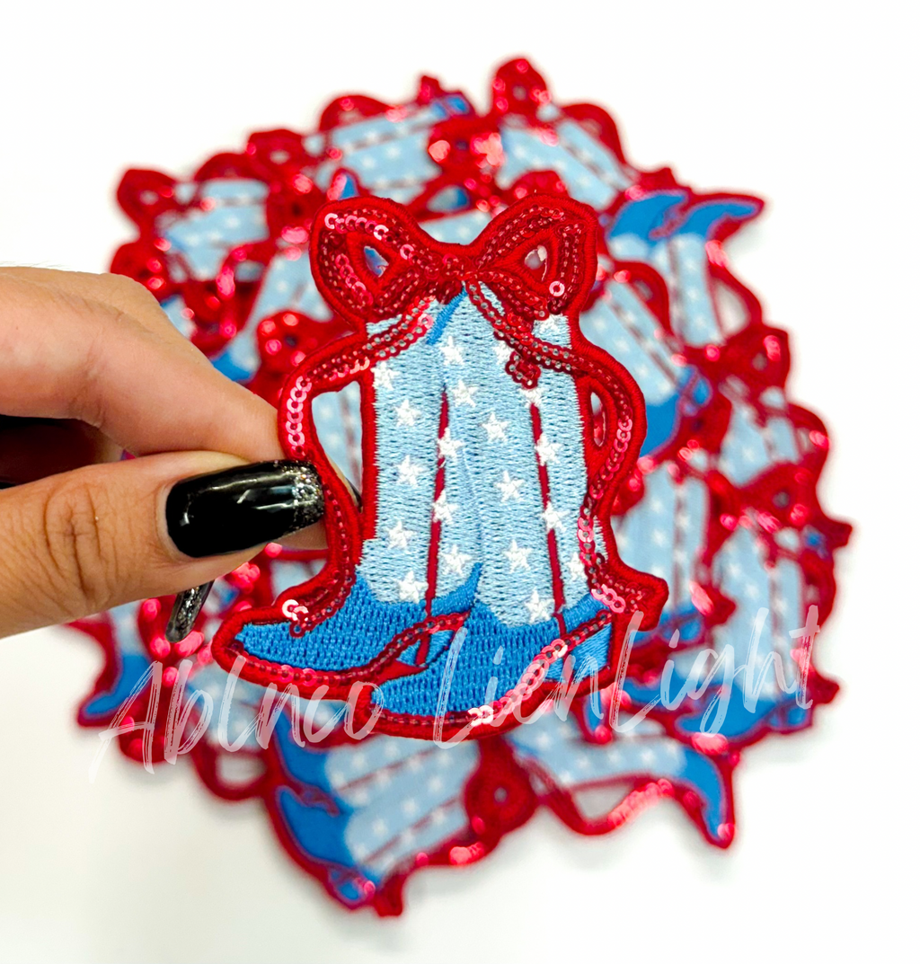 Red Bow Star Boot USA 4th July Holiday Sequin Patch