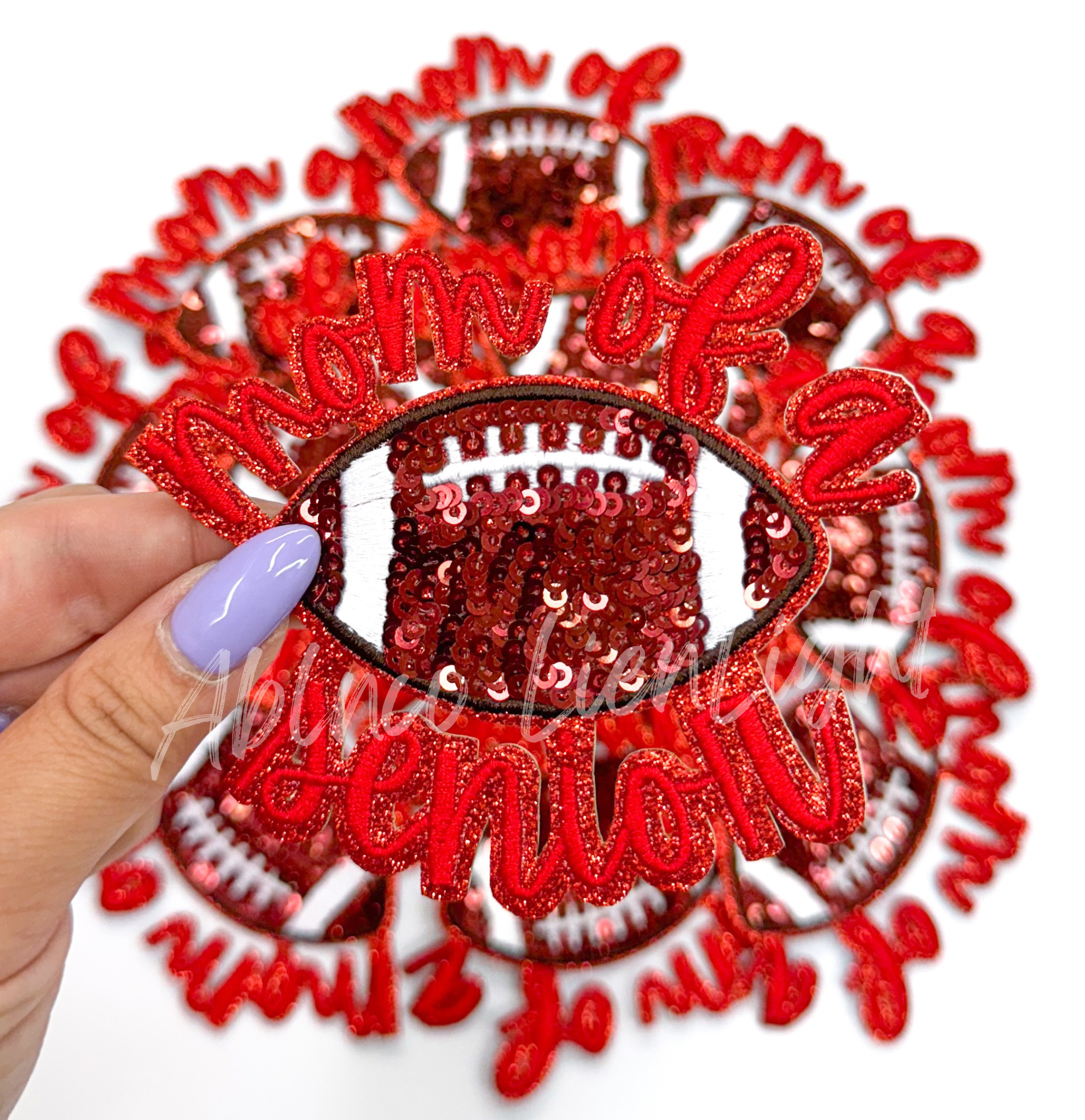 Red Football Mom of Senior STICKER Adhesive Embroidery Sequin Patch