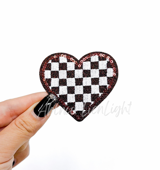 Maroon Checkered Heart Sequins Glitter Patch