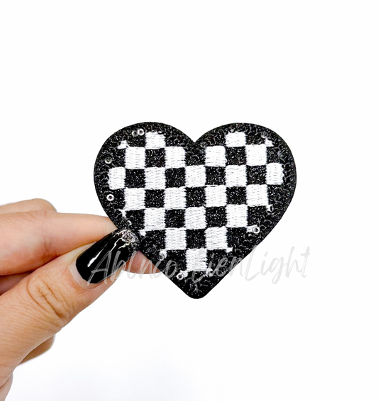 Black Checkered Heart Sequins Glitter Patch