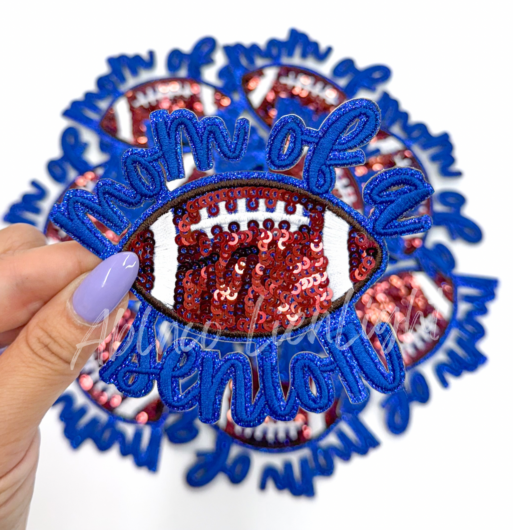 Royal Blue Football Mom of Senior STICKER Adhesive Embroidery Sequin Patch