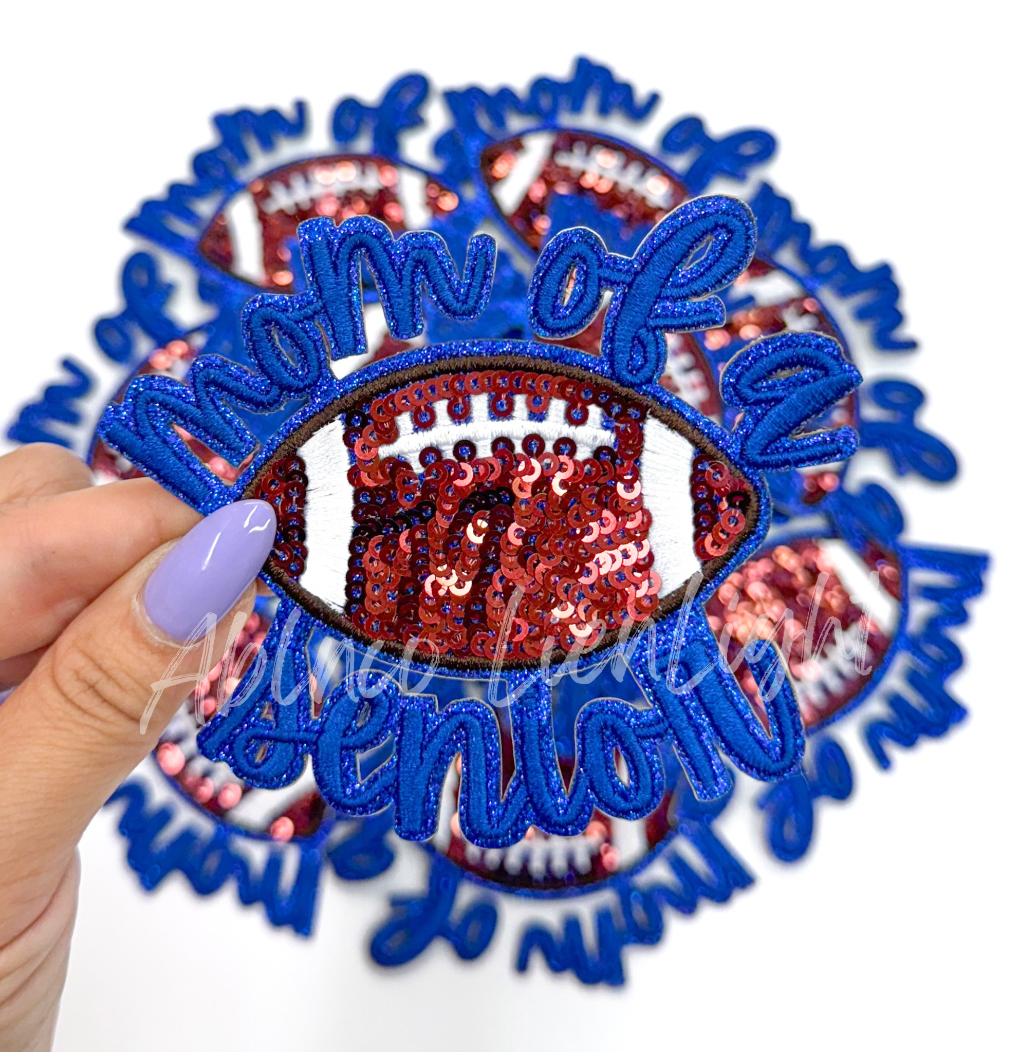 Royal Blue Football Mom of Senior STICKER Adhesive Embroidery Sequin Patch