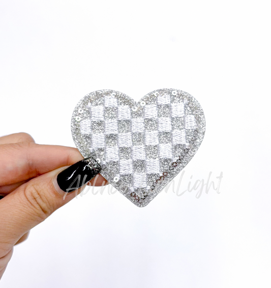 Silver Checkered Heart Sequins Glitter Patch