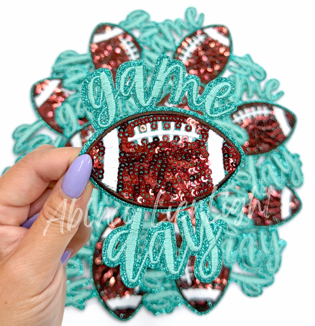 Turquoise Game Day Football STICKER Adhesive Sequin Embroidery Patch