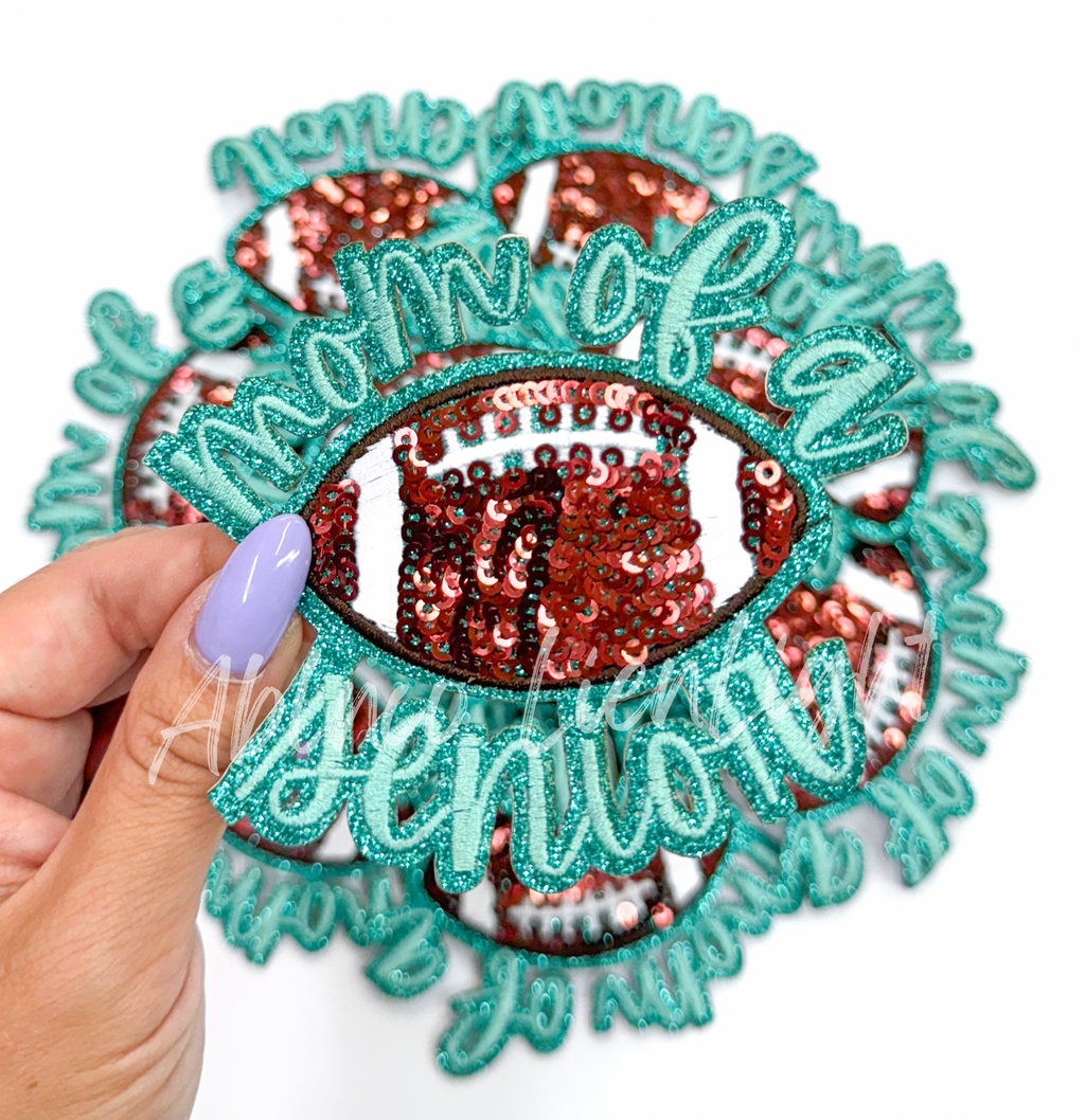 Turquoise Football Mom of Senior STICKER Adhesive Embroidery Sequin Patch
