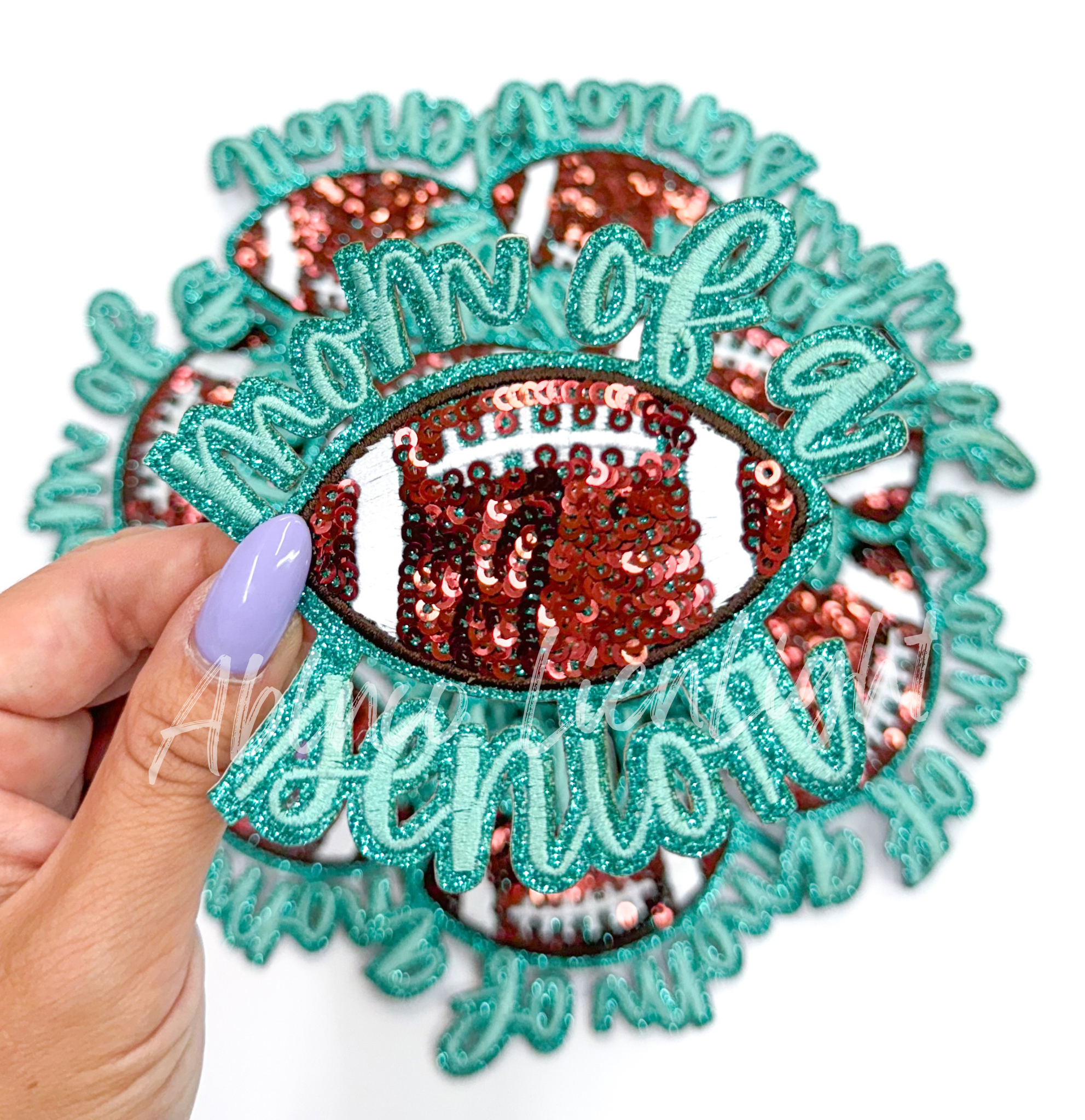 Turquoise Football Mom of Senior STICKER Adhesive Embroidery Sequin Patch