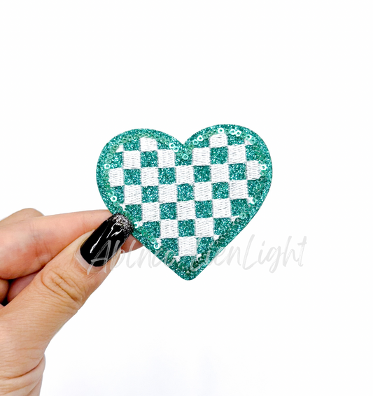 Turquoise Checkered Heart Sequins Glitter Patch