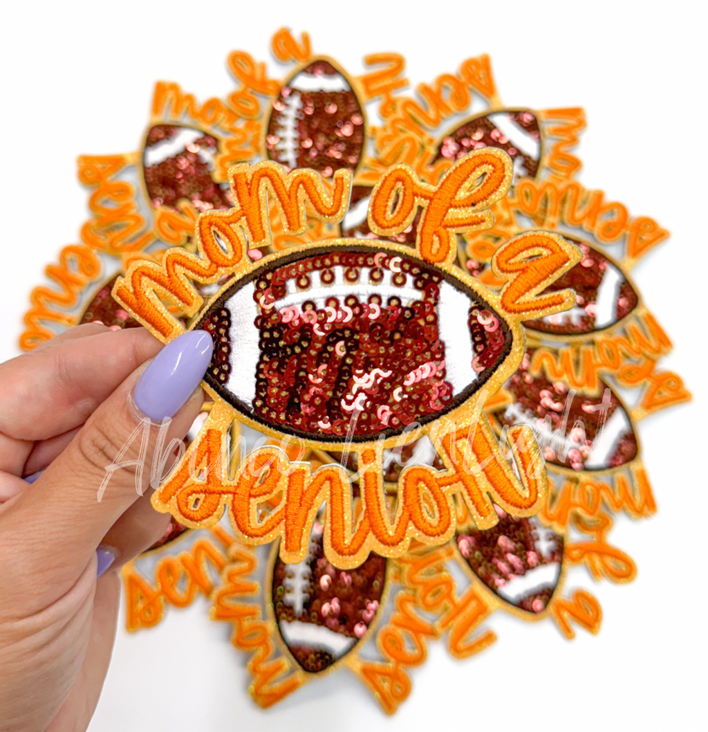 Orange Football Mom of Senior STICKER Adhesive Embroidery Sequin Patch