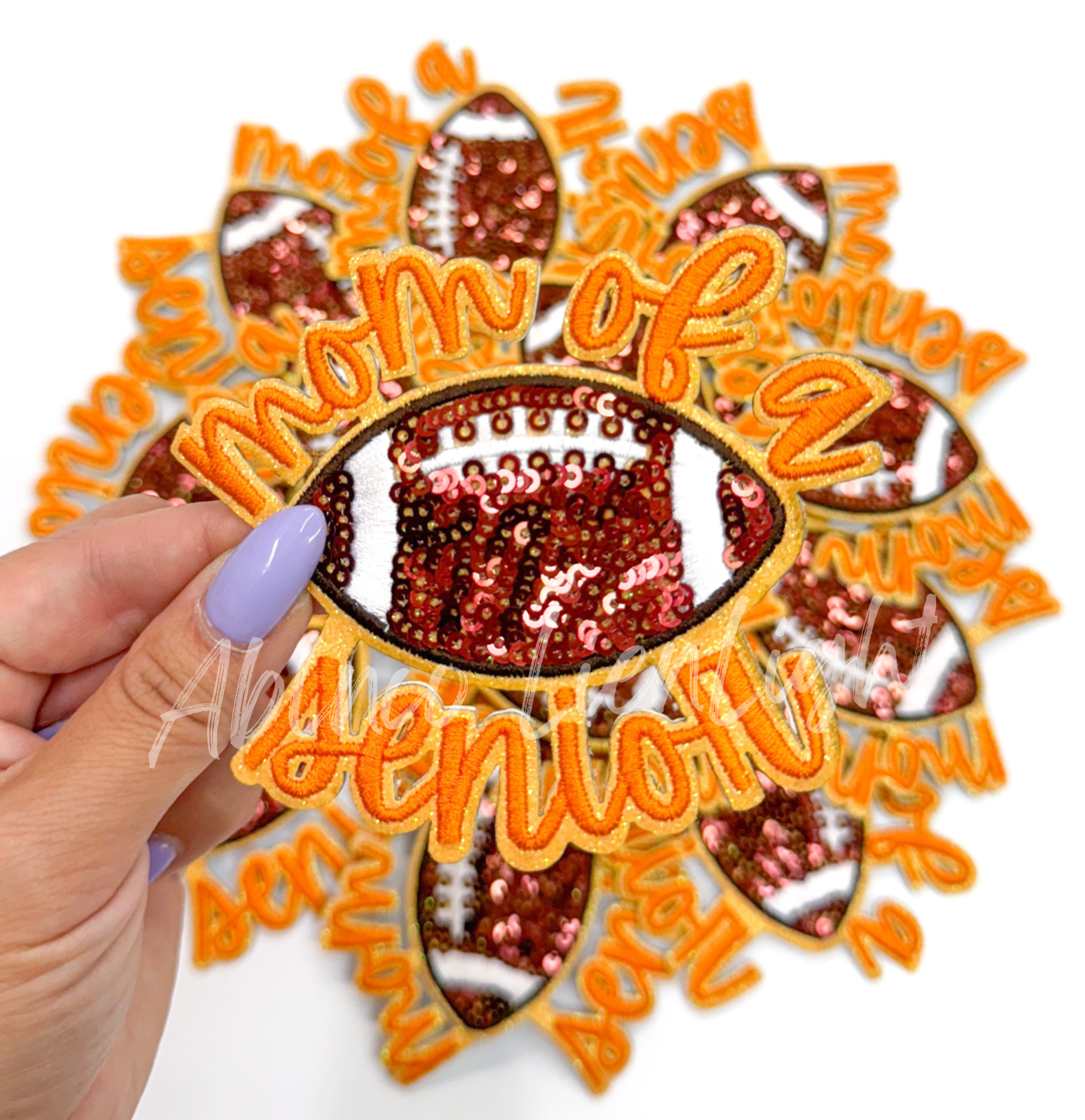 Orange Football Mom of Senior STICKER Adhesive Embroidery Sequin Patch