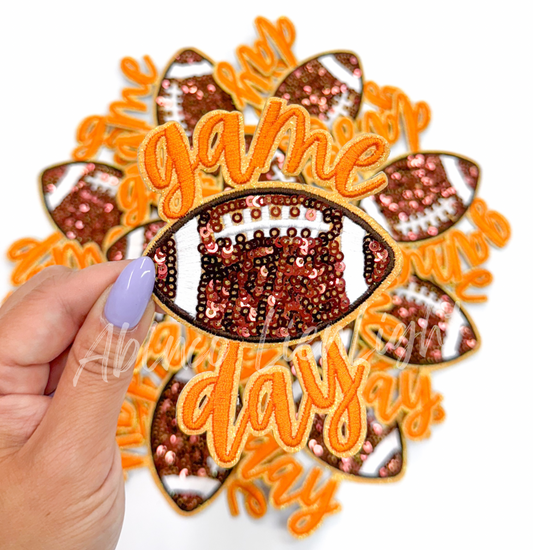 Orange Game Day Football STICKER Adhesive Sequin Embroidery Patch