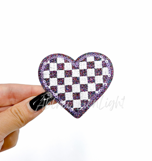 Purple Checkered Heart Sequins Glitter Patch