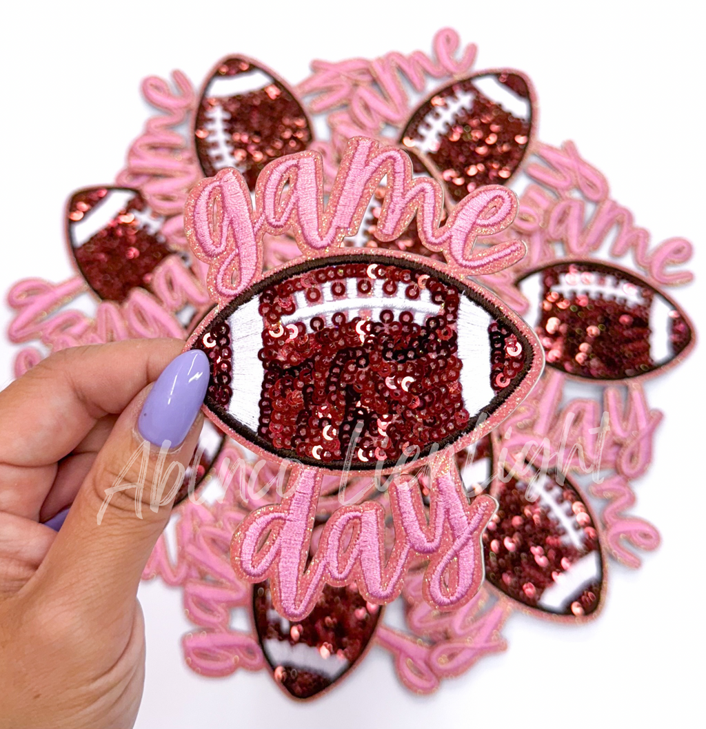 Pink Game Day Football STICKER Adhesive Sequin Embroidery Patch
