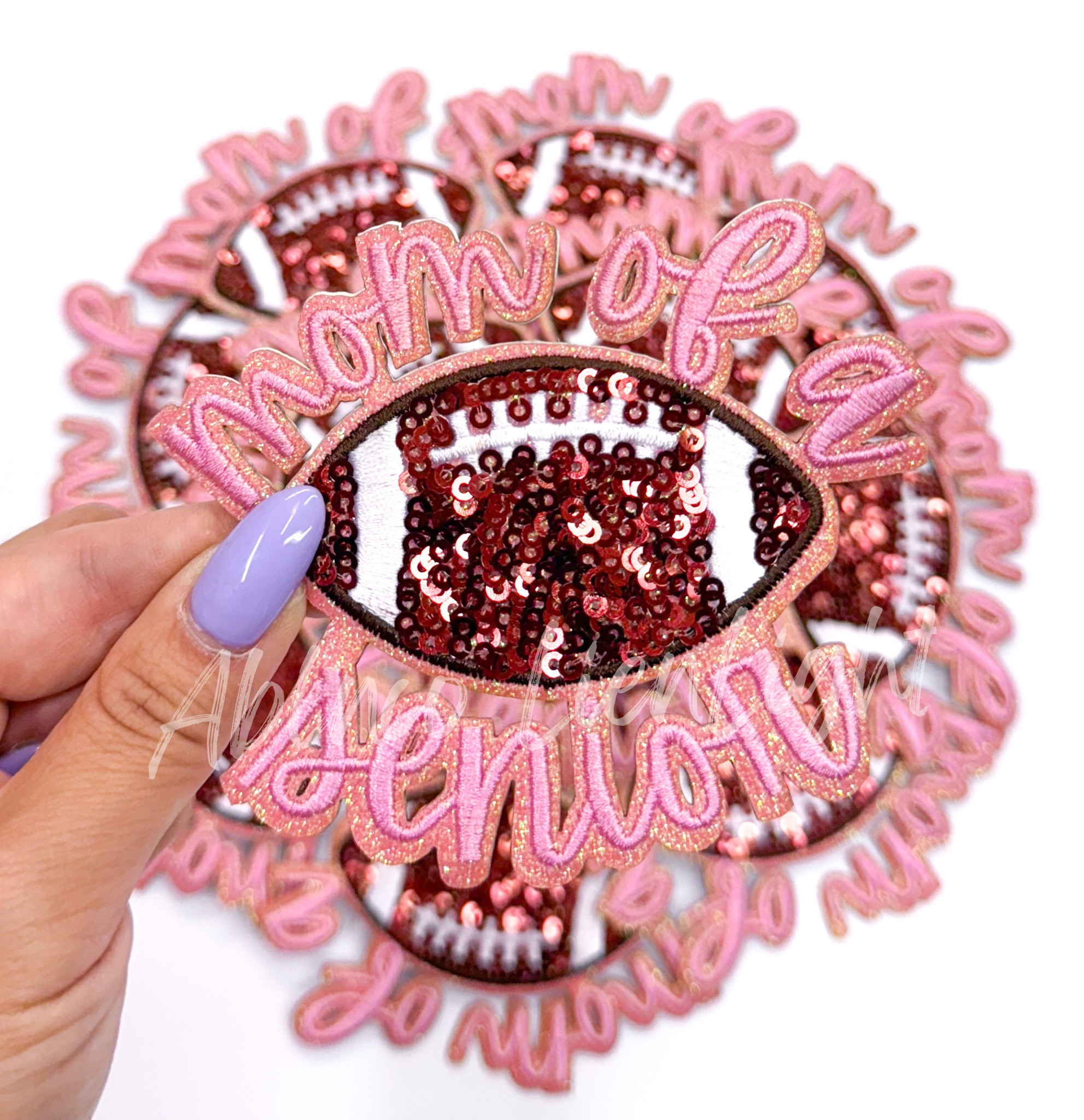 Pink Football Mom of Senior STICKER Adhesive Embroidery Sequin Patch